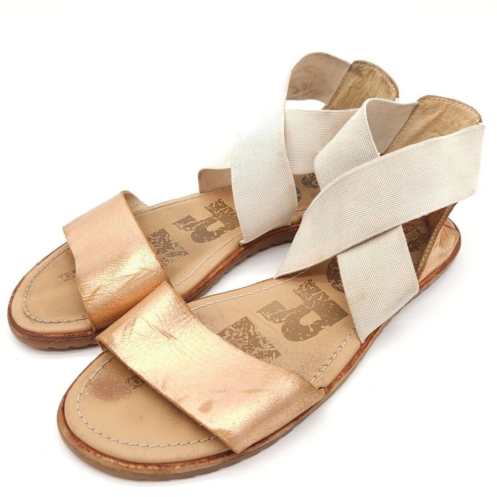 Sorel (Women's 6.5) Rose Gold Sandal Ella Metallic Flat Elastic Strappy Sandals